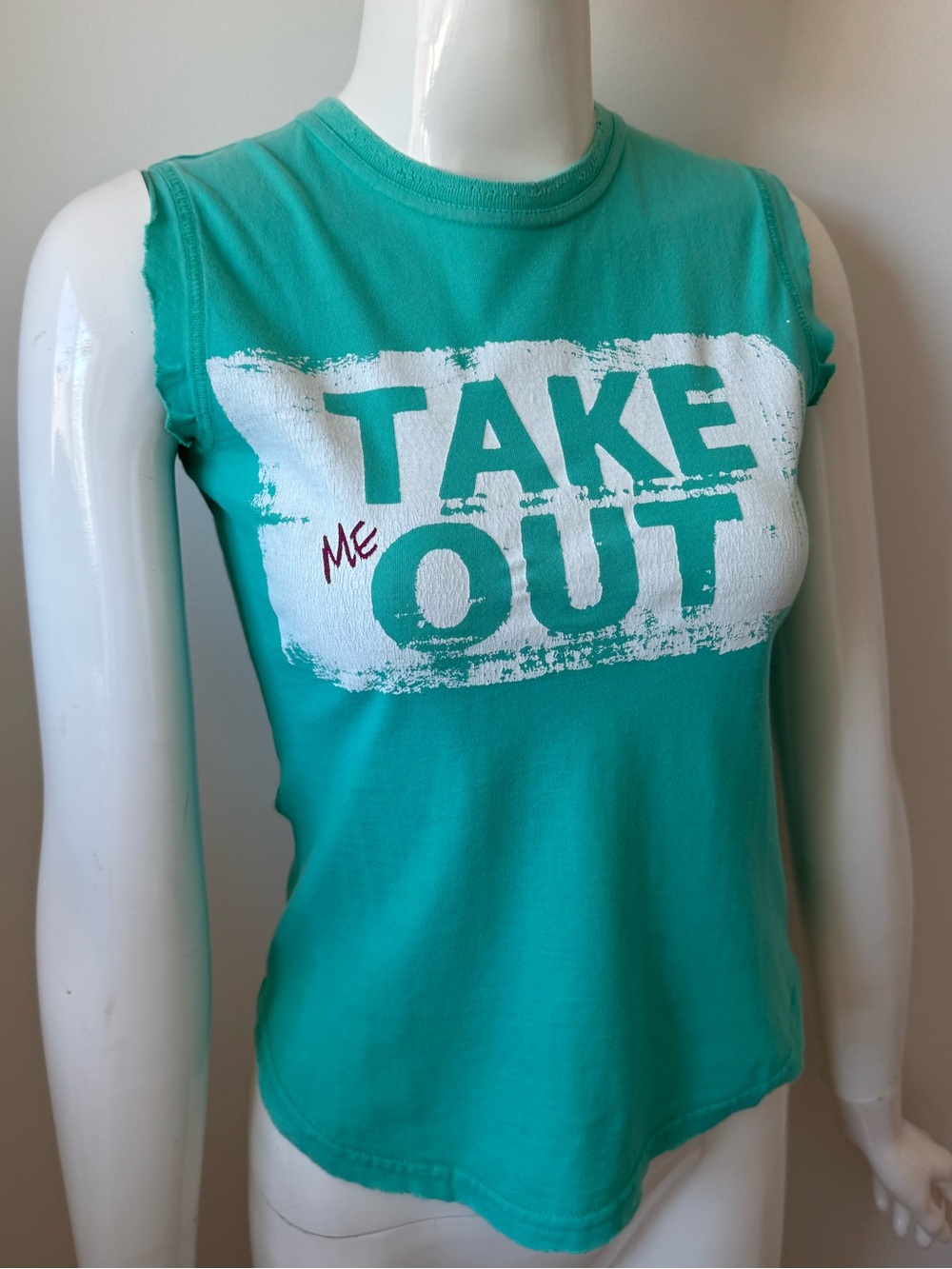 Authentic dsquared2 teal blue vintage tank top with “take me out” graphic.